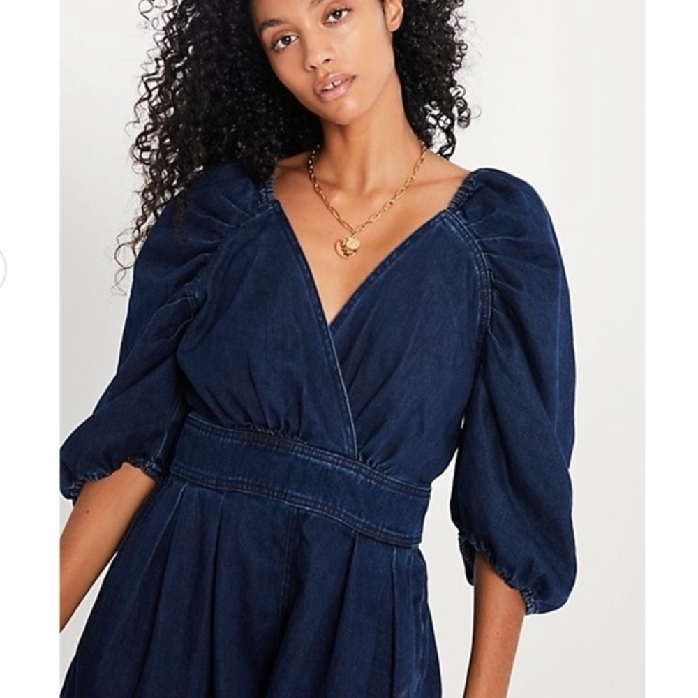 Free People Greta Denim Puff sleeve Romper Size 4